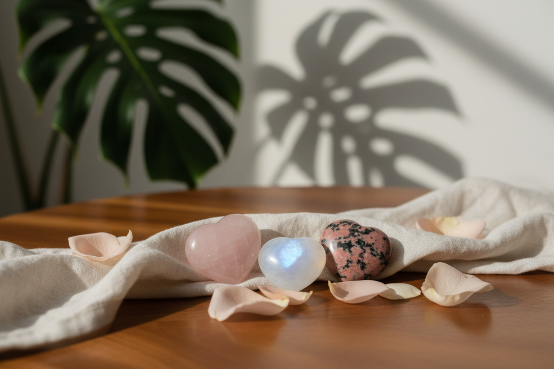 Les pierres de l'amour : quartz rose, rhodonite et pierre de lune