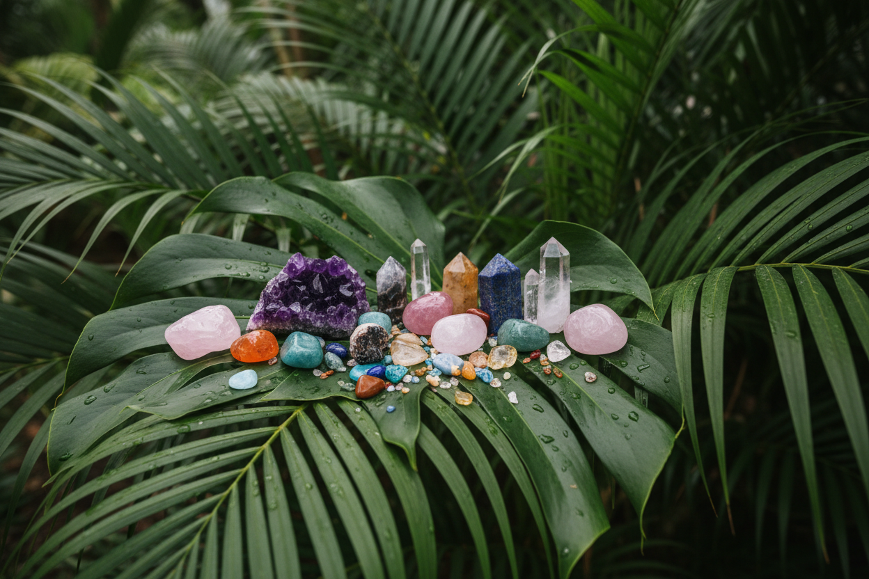 des cristaux  sur des feuilles de plantes tropicales