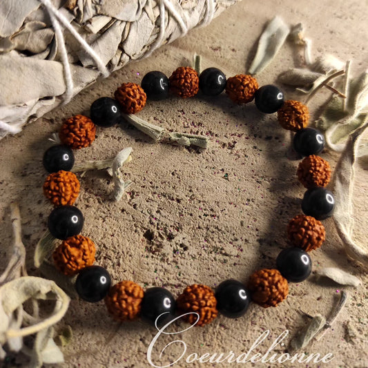 Bracelet "Paix intérieure" Agate noire & Rudraksha